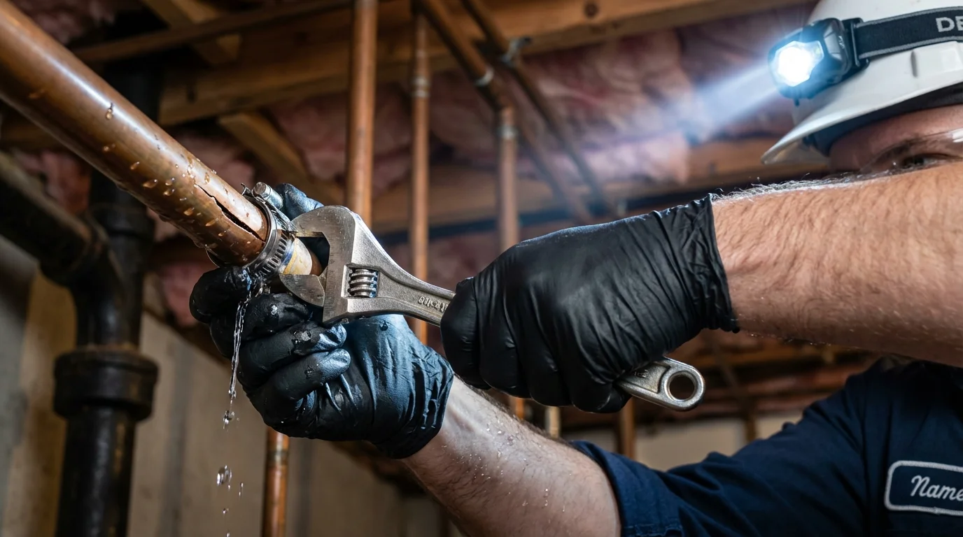 Emergency pipe clamp repair being performed by a Johns Plumbing LLC plumber in Peekskill