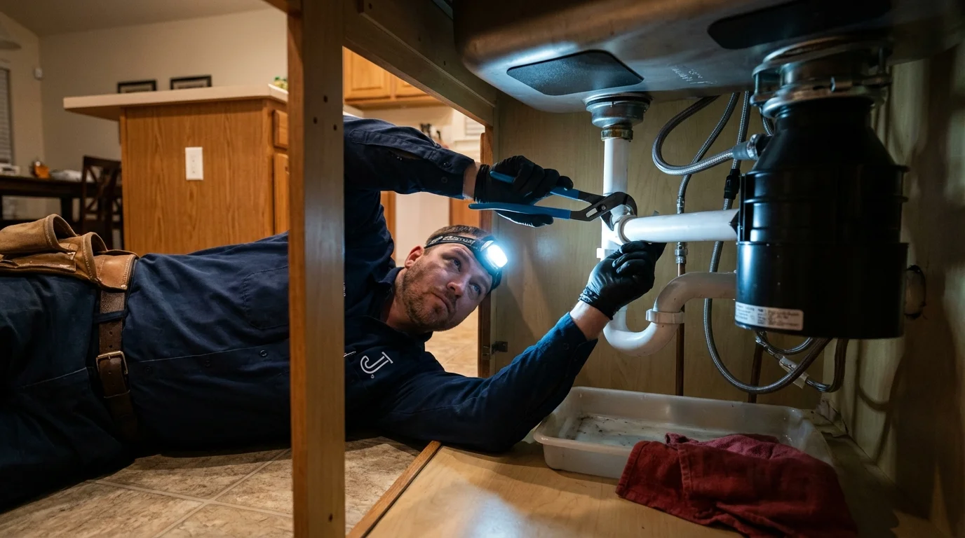 P-trap and supply line connections under a kitchen sink showing a common leak point in Peekskill, NY